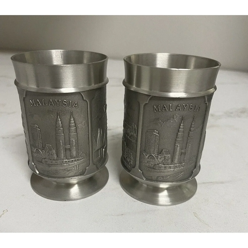 Pair of Vintage‎ Selwin Pewter Malaysia Souvenir Scenes Glasses Cups 3.5